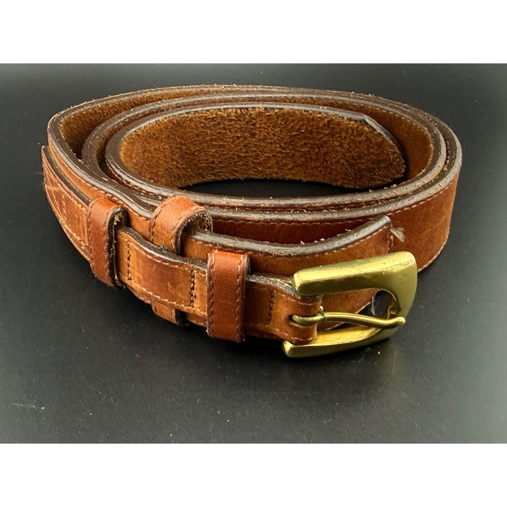 Vintage Brown Leather Belt Solid Brass Buckle Double Loop Workwear 34 36